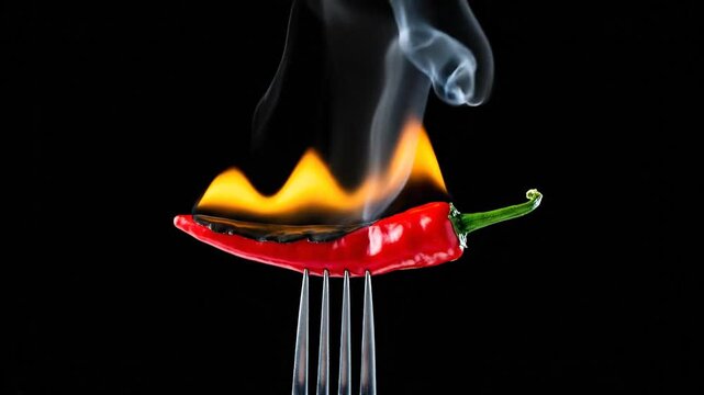 A bright red hot chili pepper on a fork engulfed in flames with smoke rising against a black background, symbolizing intense heat and spice