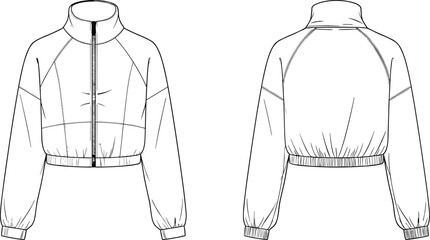 Cropped zip jacket technical fashion flat sketch front and back view sportswear bomber windbreaker apparel design illustration vector outline template © Hello World