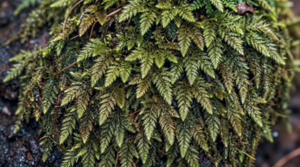 Macro texture of lush green forest moss with soft sunlight organic botanical background for nature conservation and ecology design