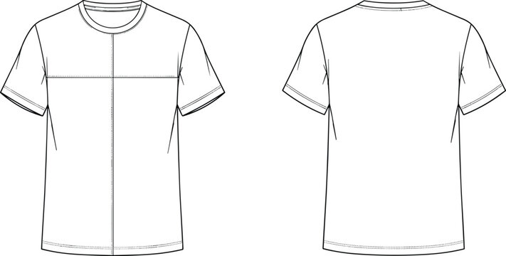 Crew neck t shirt technical fashion illustration, front and back view, vector line drawing, short sleeve menswear top, flat sketch, garment template
