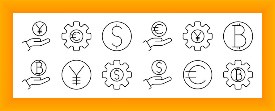 Currency symbols set icon. Yen, euro, dollar, bitcoin, coin in hand, gear integration, circle layout displayed in outlined financial icon collection.