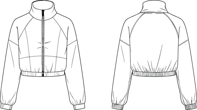Cropped zip jacket technical fashion flat sketch front and back view sportswear bomber windbreaker apparel design illustration vector outline template