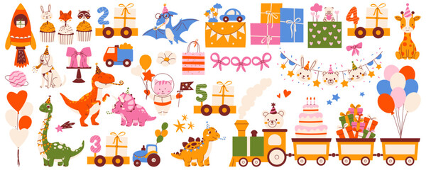 Kids birthday big set with festive elements for toddlers and preschoolers with cute characters, train, gift boxes, balloons. Modern retro flat vector illustration for party invitation, sticker © Coxic25