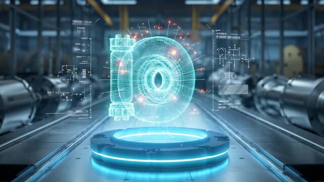 Futuristic Holographic Projection of a Turbocharger Engine Component in a High-Tech Industrial Setting
