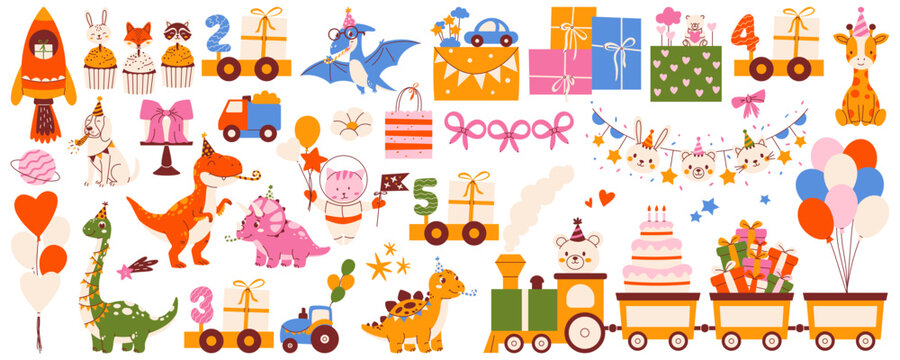 Kids birthday big set with festive elements for toddlers and preschoolers with cute characters, train, gift boxes, balloons. Modern retro flat vector illustration for party invitation, sticker