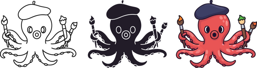 Creative octopus artist with beret and paintbrushes, cartoon vector illustration, symbolizing imagination and art creation in vibrant colors. © DesignVirtuoso