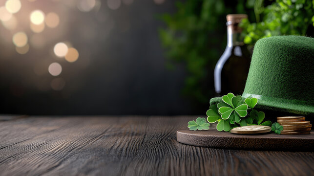 St. Patrick's Day celebration with a leprechaun hat, pot, gold coins, and shamrocks on a dark wooden table, an Irish holiday background creating a festive party atmosphere