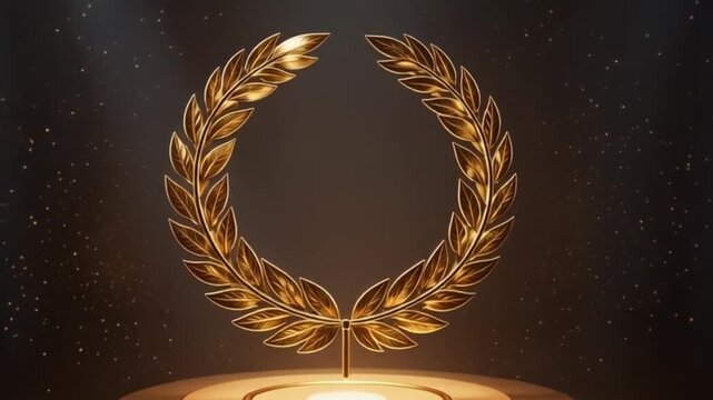 A stunning video showcasing a golden laurel wreath trophy on a pedestal with a dark background and spotlight