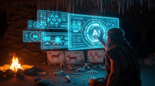 Caveman Interacting with Advanced AI Holographic Interface in Prehistoric Cave