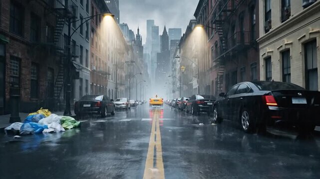A lonely yellow taxi drives down a wet city street at dusk, flanked by parked cars and trash bags, with tall buildings in the background