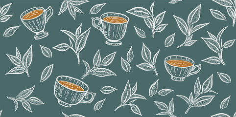 Hand-Drawn Tea Cups and Leaves Seamless Pattern
