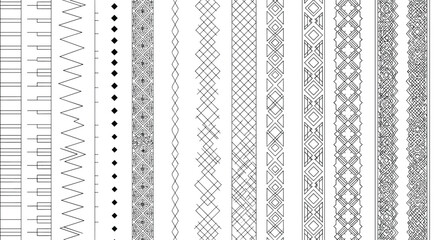 Geometric stitch pattern set illustration, decorative line borders and textile seams, black and white vector design elements isolated on white background
