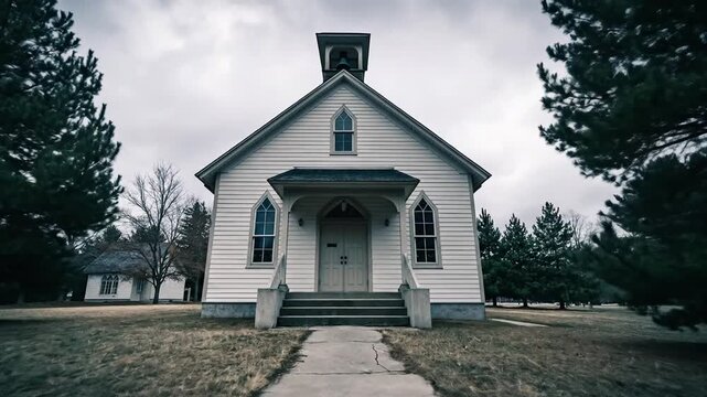 White chapel church building with bell tower and trees on a cloudy day
