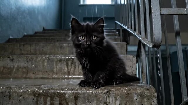 black persian kitten. A small black kitten cautiously sits on a wet staircase, with water droplets visible around, creating a moody and atmospheric scene of solitude and curiosity