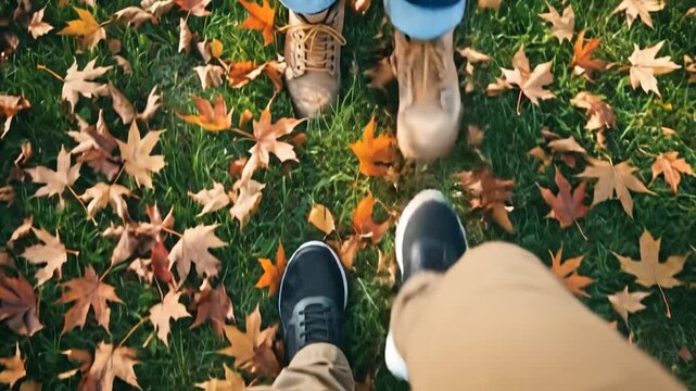 Couple standing on autumn leaves on grassy ground looking down at their feet