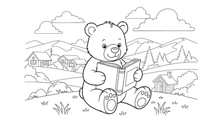 Cute Bear Reading Book in Nature Scene for Kids