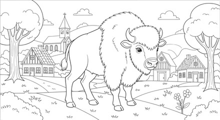 Cute Baby Bison Cartoon Coloring Page for Kids