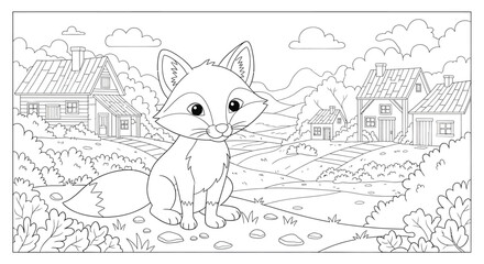 Cute Cartoon Cat in a Cozy Village Scene Coloring Artwork