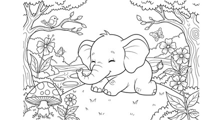 Cute Baby Elephant in a Forest Scene Coloring Illustration