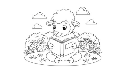 Cute Bear Reading Book in Cartoon Nature Scene