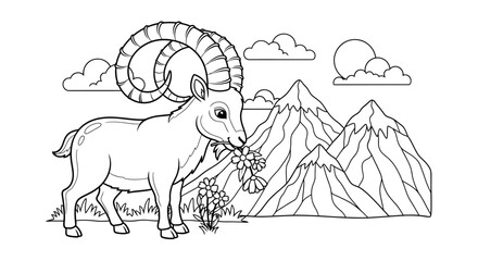 Black and White Mountain Goat Illustration for Nature and Wildlife