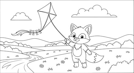 Cute Cartoon Fox Flying Kite in Open Landscape