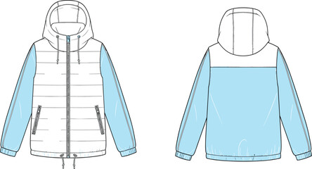Hooded puffer jacket technical illustration, front and back view, insulated winter outerwear fashion apparel design with zipper isolated on white background © Hello World