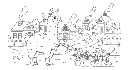 Whimsical Illustration of a Town with a Llama