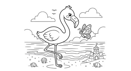 Cute Flamingo Standing in Pond with Butterfly and Coastal Scene