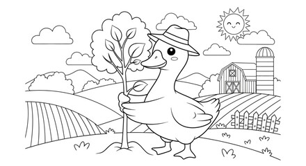 Cartoon Duck Holding Tree in Farming Landscape Illustration