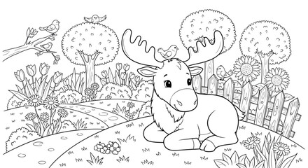 Cute Reindeer in Forest Scene for Kids Coloring Page