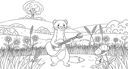 Adorable bear playing guitar outdoors in scenic landscape