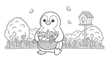 Cute Duckling with Basket of Flowers in Nature Scene