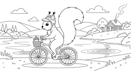 Cute Squirrel Riding Bicycle in Nature Scene Illustration