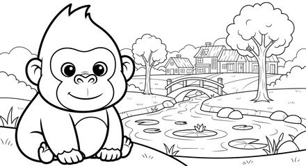 Cute Cartoon Monkey Sitting Near River in Nature Scene