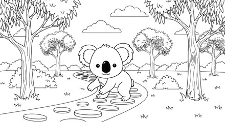 Cute Koala Baby in Forest Scene with Trees and Clouds
