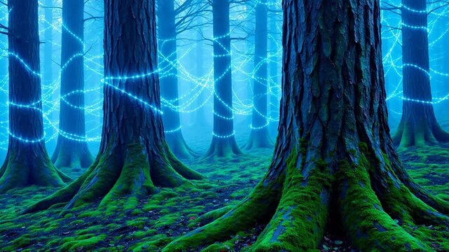 Mystical forest with glowing lights