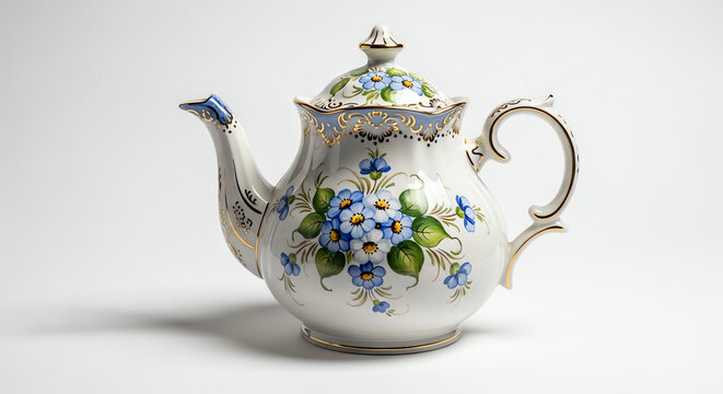 An elegant antique white porcelain tea pot and ceramic cup set isolated on a plain background for a traditional kitchen beverage or hot breakfast