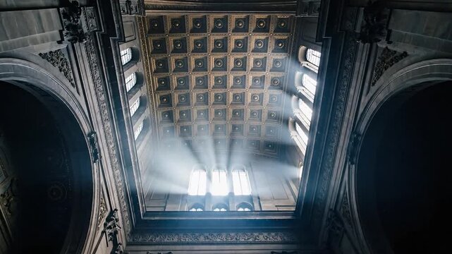 Sunbeams streaming through the ornate ceiling of a grand old building, illuminating the intricate architectural details
