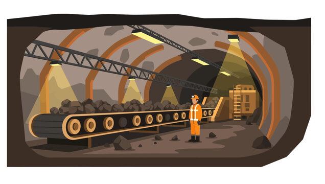 man in orange vest standing next to coal conveyor belt in mine tunnel.