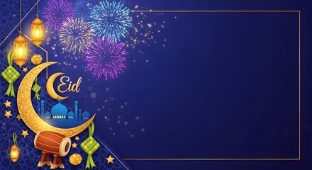 Digital illustration of a vibrant Eid Mubarak background with a crescent moon, fireworks, and lanterns on a dark blue background with a gold border and text in a festive ramadan celebration.