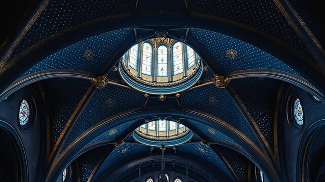 Ornate blue celestial dome ceiling with skylights in a grand historic building