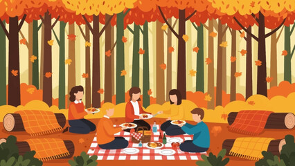 Friends enjoying a delightful autumn picnic in a vibrant forest setting.