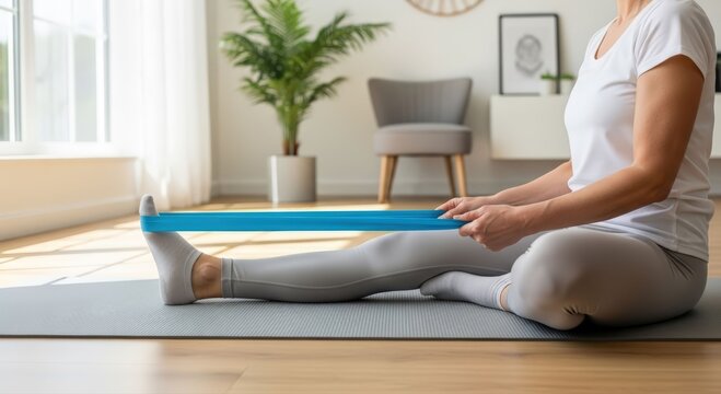 Woman Performing Resistance Band Leg Stretch Exercise at Home, No Face Visible