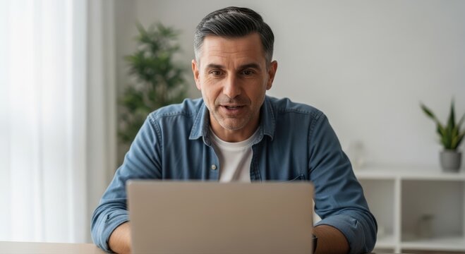 Middle Aged Man Talking During Video Call on Laptop at Home