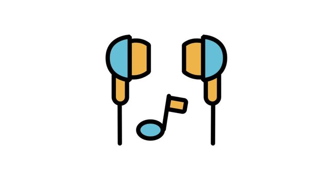 Earphones Music Motion Icon. Colorful flat line animation of earphones with musical note icon for audio and sound entertainment.
