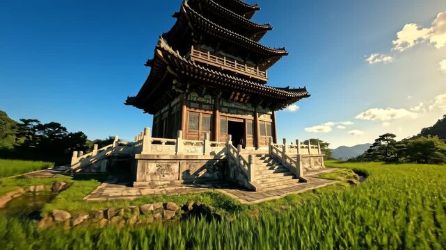Traditional East Asian temple with tiered roof and ornate stonework in lush green landscape