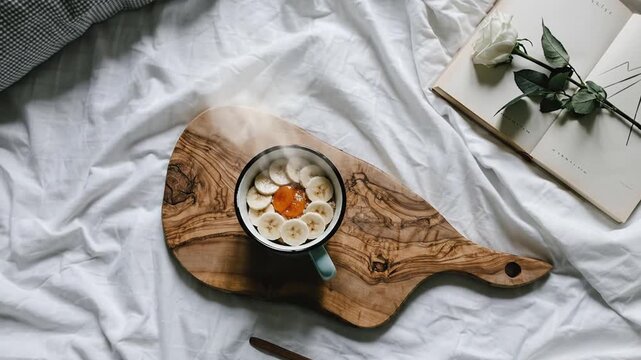 A delicious healthy breakfast mug cake with fresh fruit and a romantic book on a white bedsheet