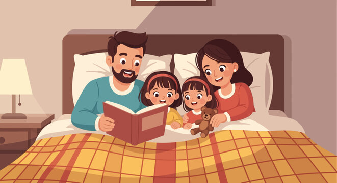 Happy family reading bedtime story together in bed.