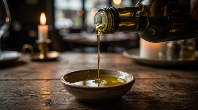 Olive oil poured into a bowl with a candle in the background
